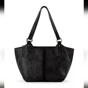 The Sak Bolinas Leather Satchel Black Leaf Embossed